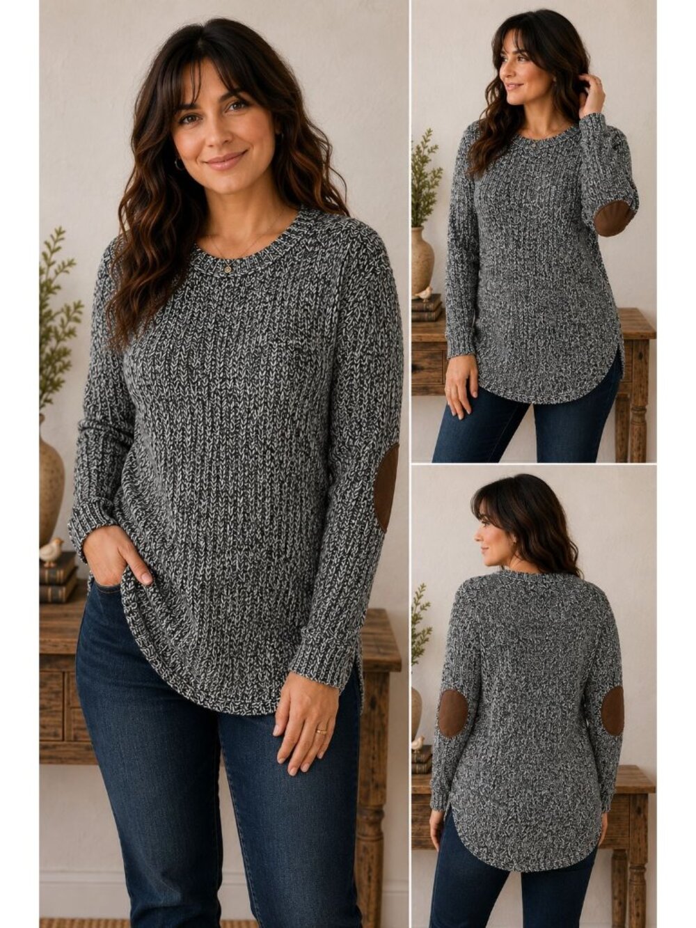 NWT RD Style for Stitch Fix Black Marled Rowca Elbow Patch Sweater Size S